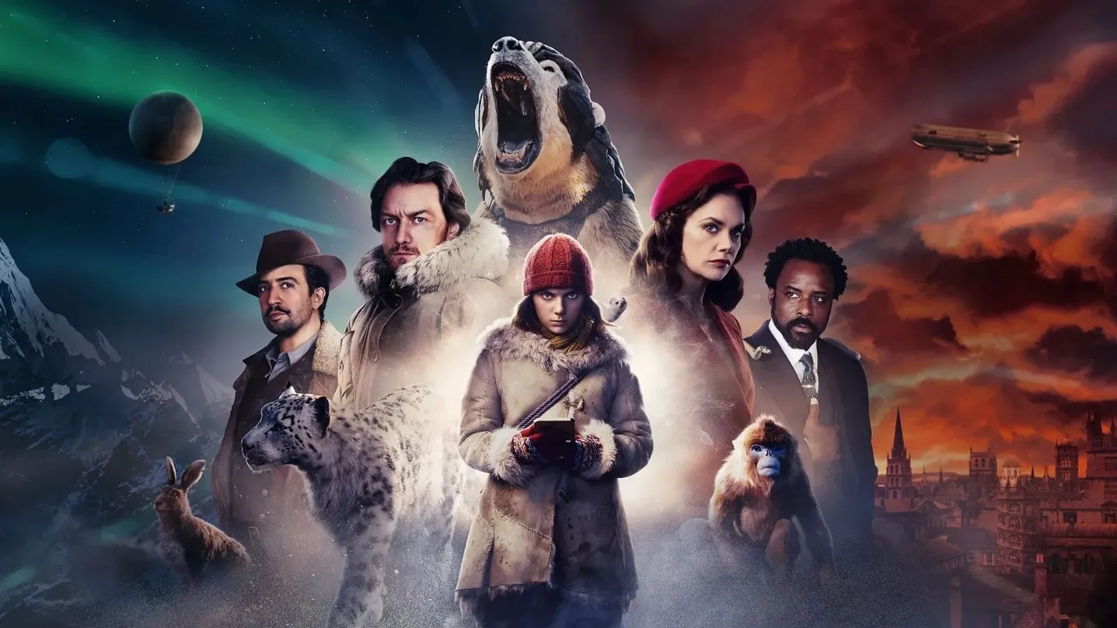 Epic fantasy promotional image for the BBC and HBO series His Dark Materials, showing a group of determined explorers in Arctic clothing alongside their animal dæmons, including a roaring armoured polar bear, against a dramatic split backdrop of icy northern lights and the historic skyline of Oxford, blending science, magic and adventure.