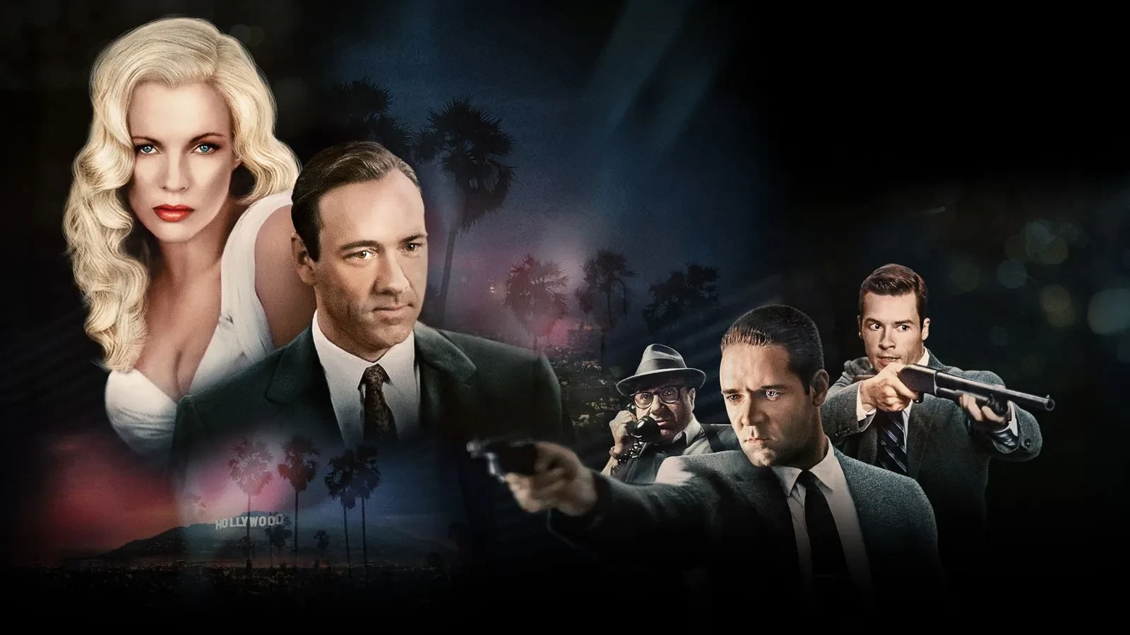 Poster showing a glamorous person in a white dress with curled blonde hair on the left, and several suited figures holding guns on the right, set against a dark backdrop with palm trees and a faint Hollywood sign.