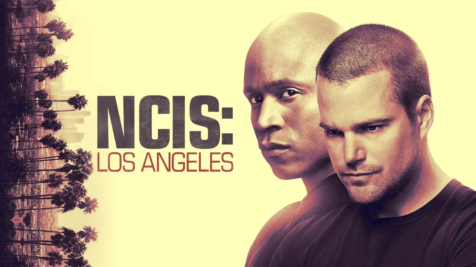 A promotional NCIS: Los Angeles poster featuring two lead characters beside a stylised cityscape of Los Angeles.