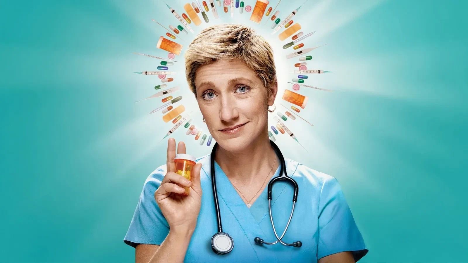 Medical professional in blue scrubs holding a prescription pill bottle, with a stethoscope around their neck and a radiant halo of colourful pills, syringes, and medicine bottles arranged behind them against a bright teal background.