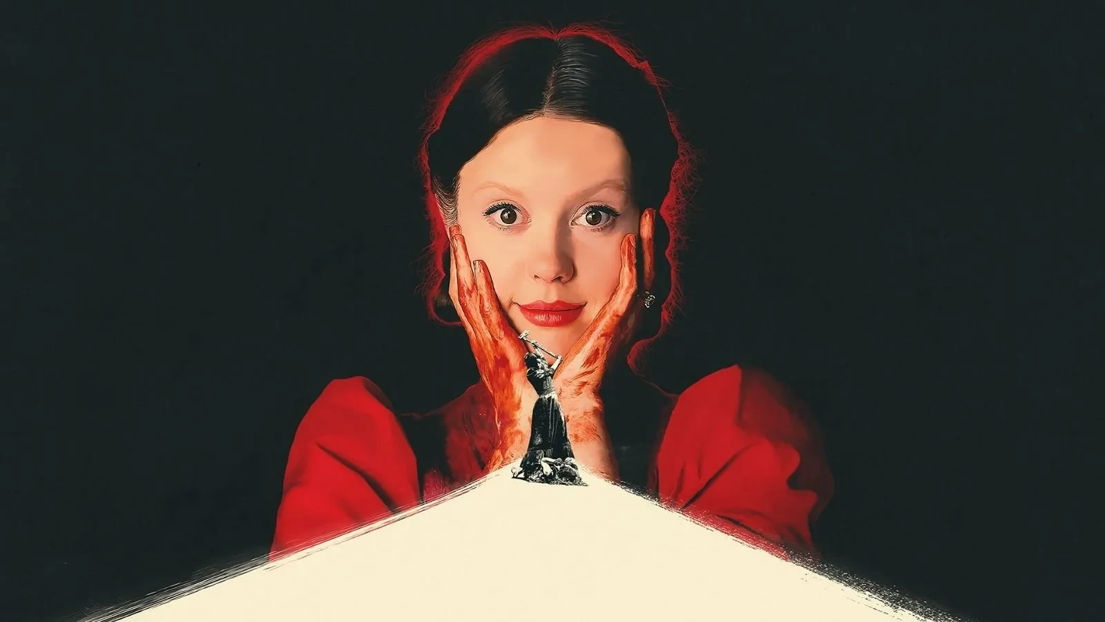 Stylised poster featuring a figure in a vivid red dress against a dark background, with a smaller silhouette of a person standing on a bright triangular shape extending from the centre, creating a dramatic and eerie composition.