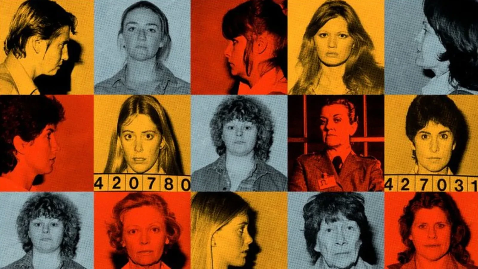 A grid of stylised mugshot‑style portraits in bold red, yellow and blue tones, featuring people shown from various angles with numbered panels and a textured, retro graphic design reminiscent of vintage crime or prison records.