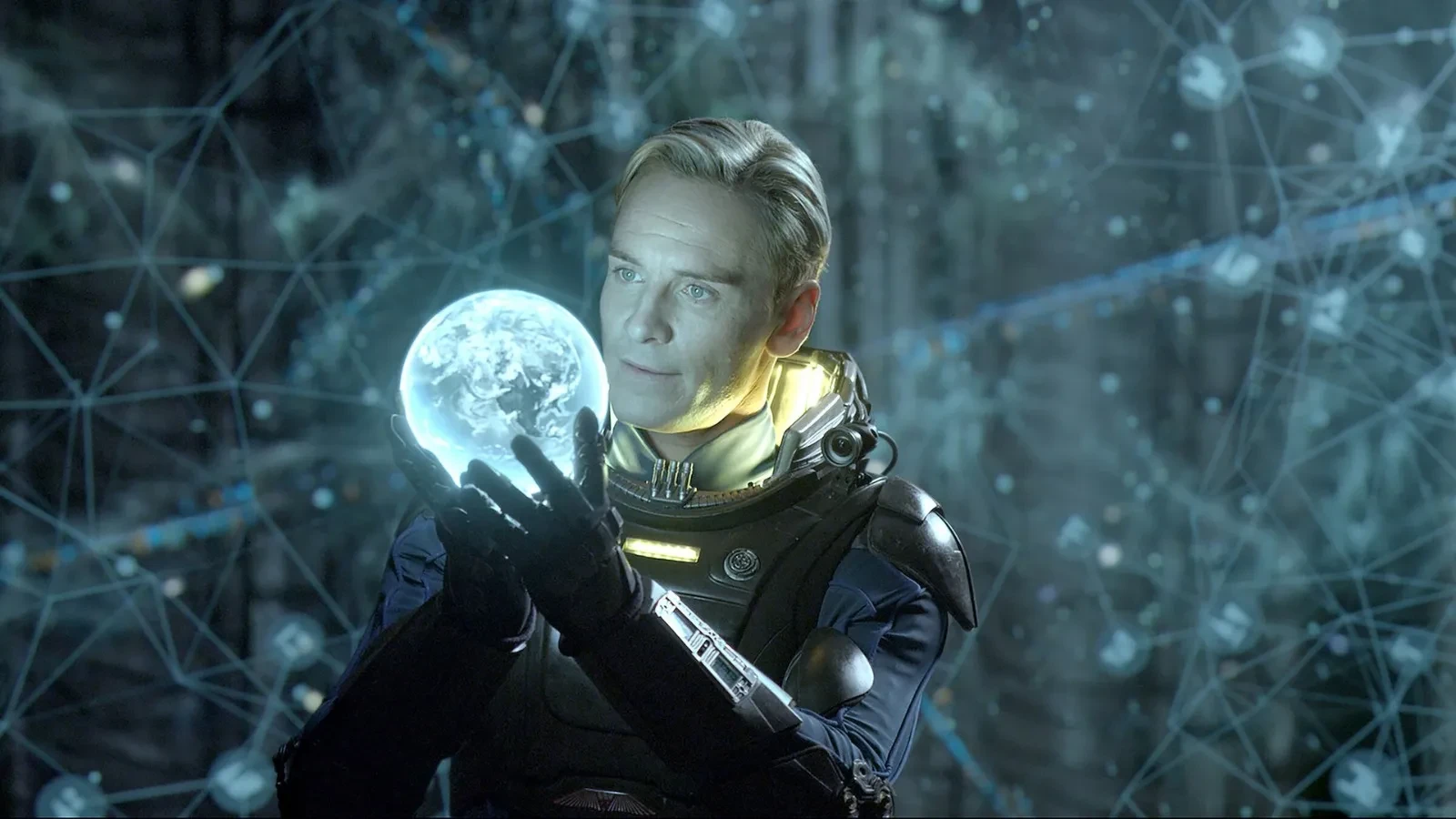 A futuristic astronaut in an advanced spacesuit holding a glowing holographic Earth against a high‑tech, sci‑fi backdrop filled with illuminated data networks and digital constellations.