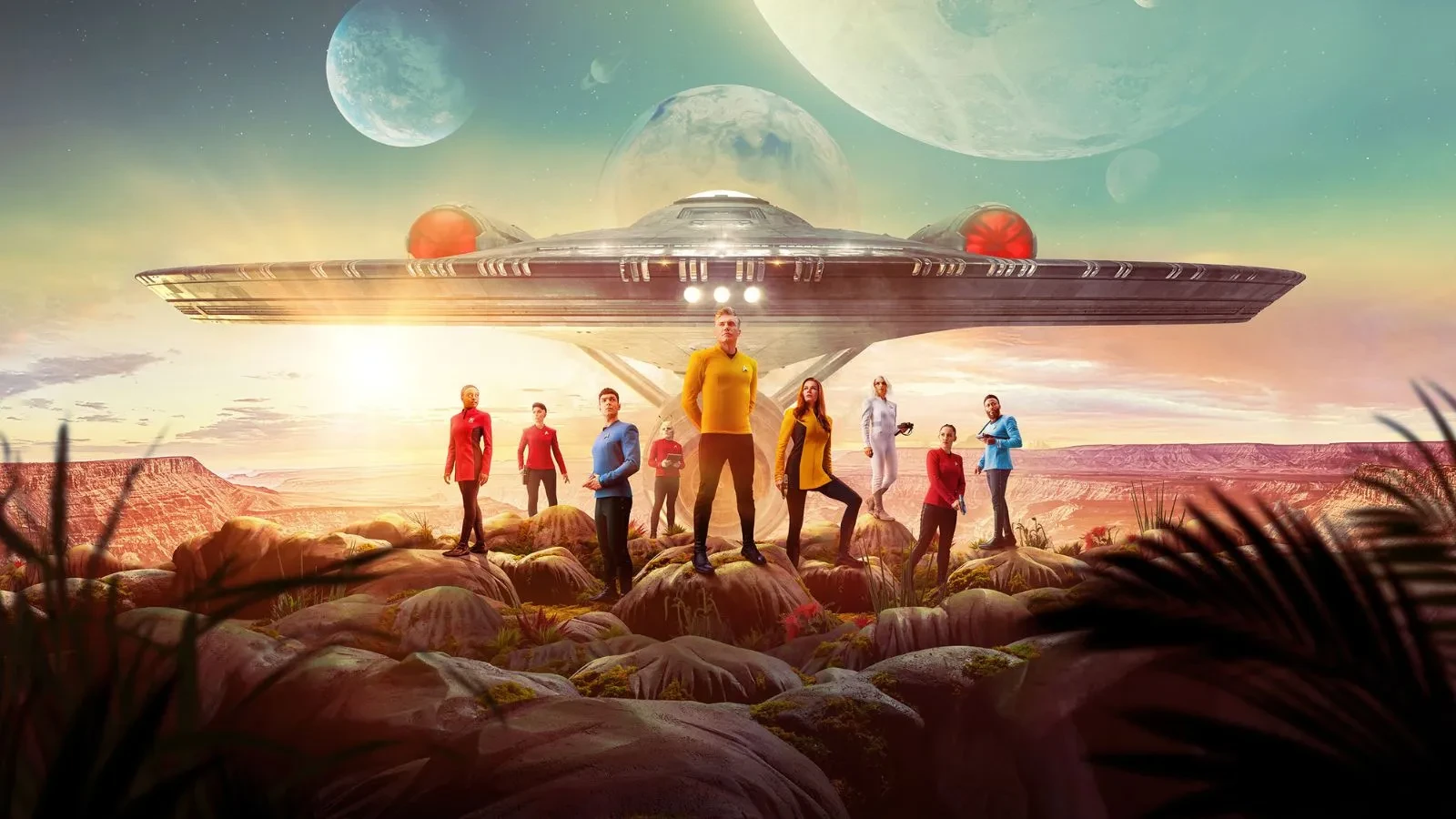 Futuristic starship hovering above an alien landscape at sunset, with a crew in colourful sci‑fi uniforms standing on rocky terrain beneath towering planets and a vibrant sky.