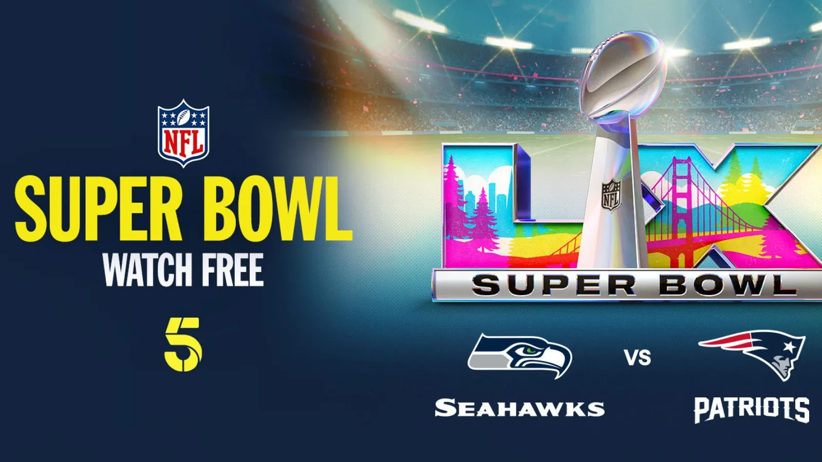 A promotional graphic for the Super Bowl featuring the NFL logo and large yellow text reading 'Super Bowl – Watch Free' on a dark blue background. On the right side, a football stadium with fireworks is shown behind a shiny Lombardi Trophy and a colorful 'LIX' Super Bowl logo that includes stylized illustrations of trees, hills, and a bridge.