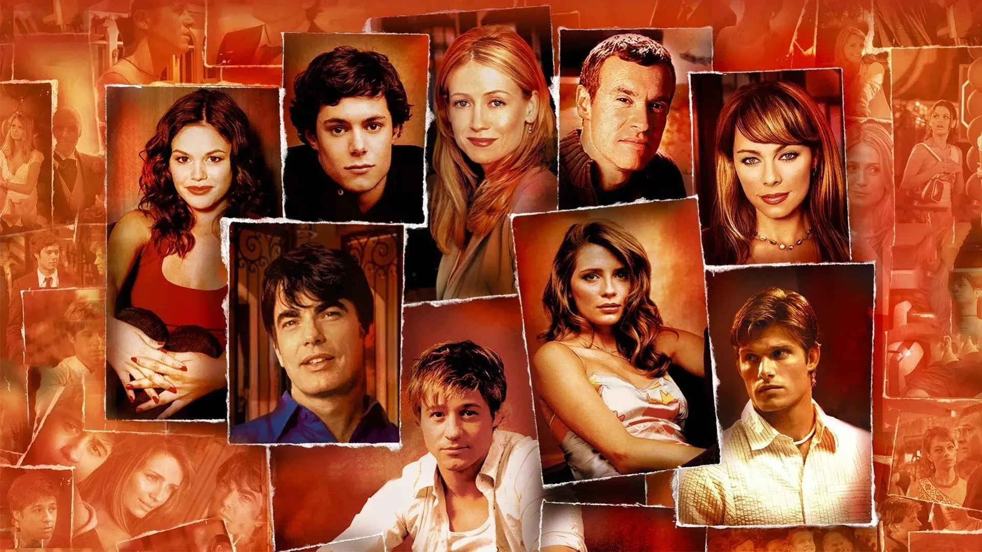 A collage of stylised character portraits arranged against a warm, orange-red background, featuring various individuals in early‑2000s fashion, including casual tops, layered hairstyles and soft studio lighting, evoking the dramatic and nostalgic aesthetic of a teen television series.