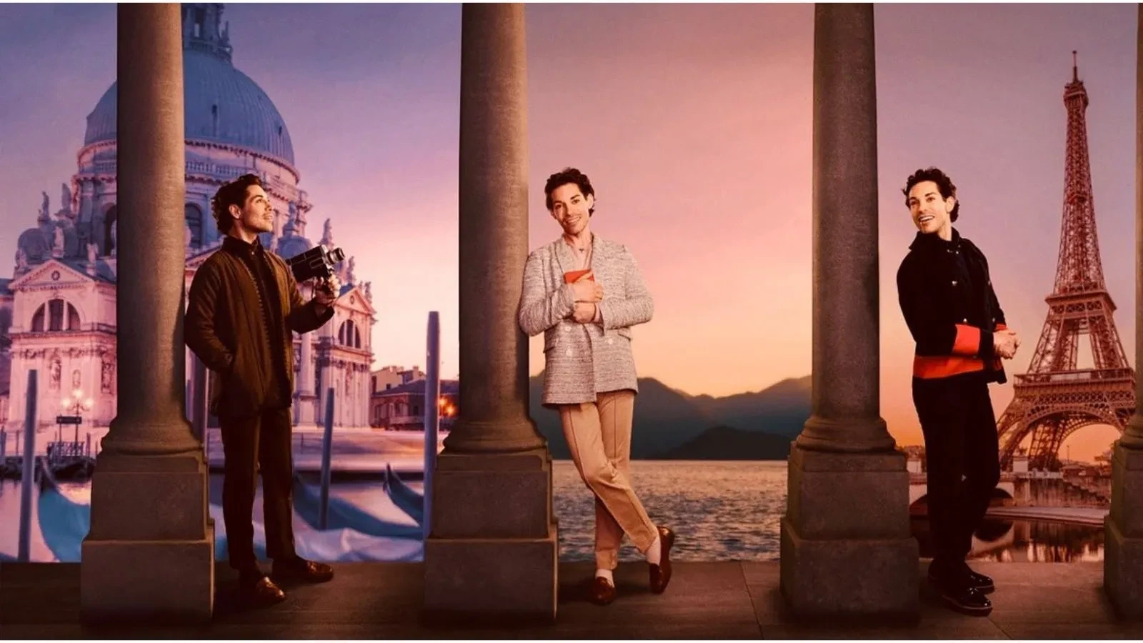 A person stands between stone columns with iconic European landmarks in the background. On the left, gondolas and the domed architecture of Venice are visible; in the centre, a scenic lake with mountains at sunset; and on the right, the Eiffel Tower in Paris. The individual wears stylish outfits, including tailored jackets and smart casual clothing, creating a sophisticated travel-themed setting.
