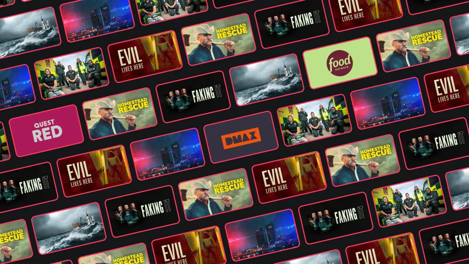 A collage of TV show tiles featuring Discovery-owned channels and programmes, including Homestead Rescue, Faking It, Evil Lives Here, and emergency rescue scenes, alongside Quest Red, DMAX, and Food Network logos, arranged in a diagonal grid on a dark background.