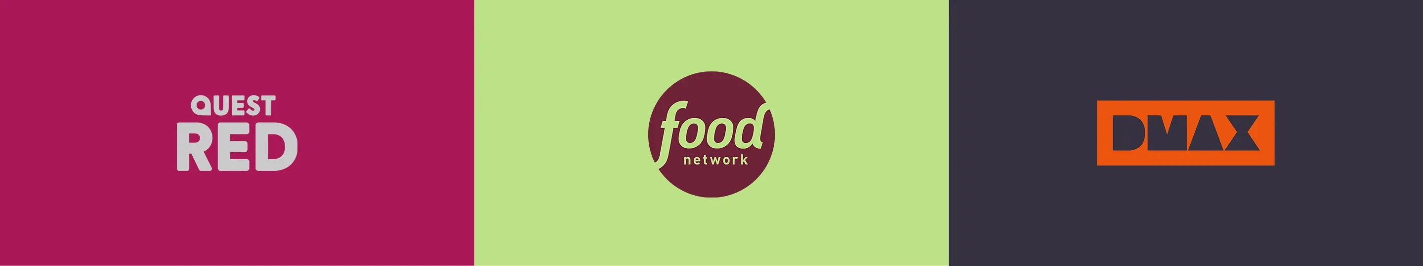 A three‑panel graphic displaying television channel logos: Quest Red on a bold magenta background, Food Network on a light green background, and DMAX on a dark charcoal background, each presented in a clean, modern layout.