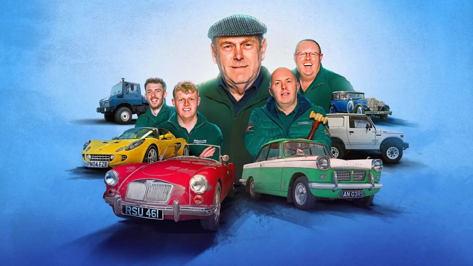 A group of people in green work uniforms stand behind a lineup of classic and vintage vehicles, including a bright red convertible, a green‑and‑white saloon car, a yellow sports car, and several restored trucks and 4x4s. The background features a clean blue gradient, giving the scene a polished, poster‑style look. The group appears proud and unified, presenting the collection of restored and eye‑catching vehicles front and centre