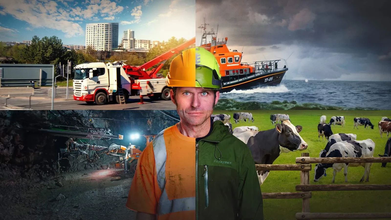 A person wearing a high‑visibility jacket and safety helmet stands at the centre of a four‑way composite image. Each quadrant shows a different demanding job: a roadside recovery truck in an urban setting, a lifeboat battling rough seas, heavy machinery working deep inside an underground tunnel, and a herd of cows in a rural farm field. The combined scenes highlight a variety of tough, hands‑on professions