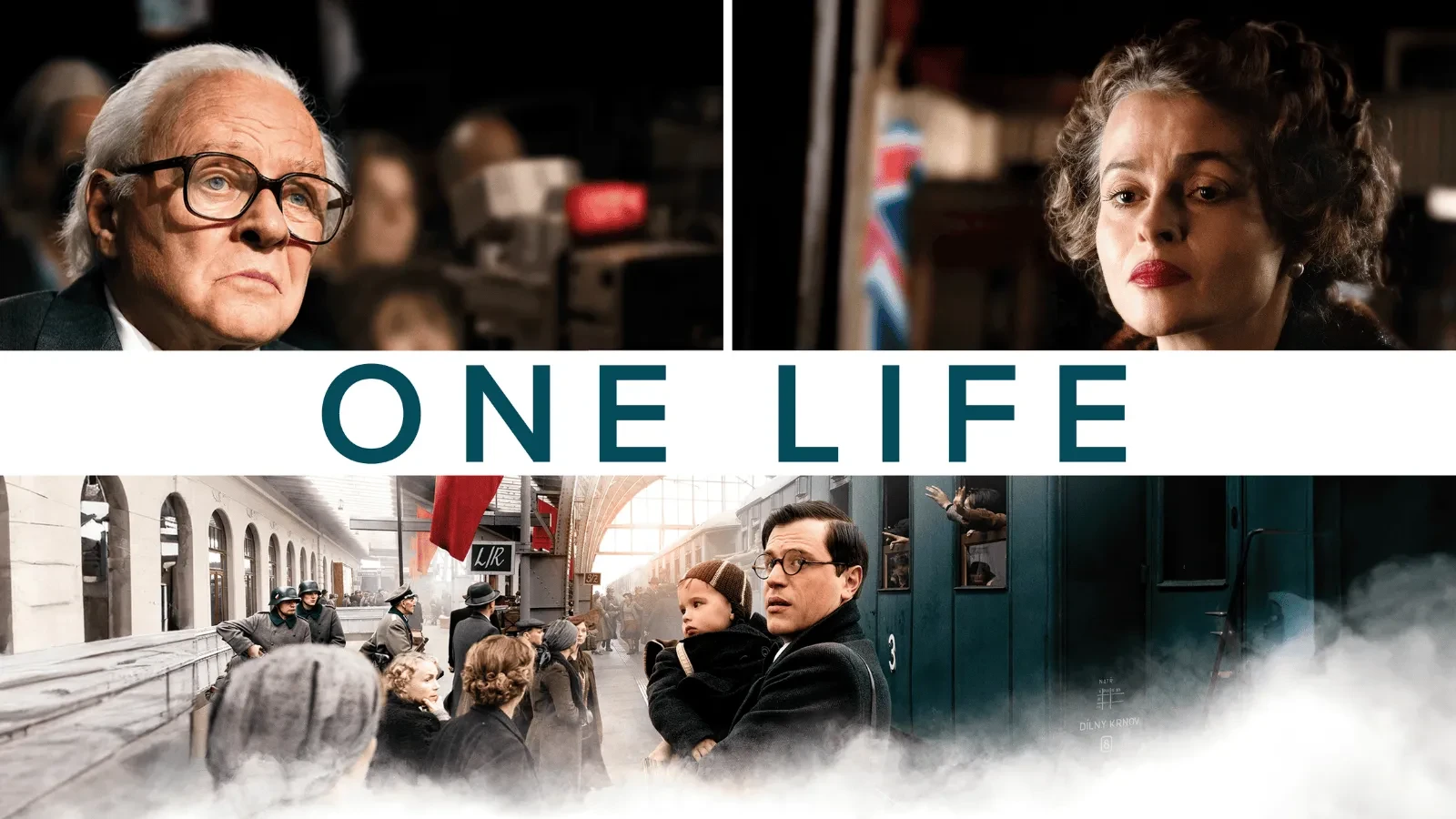 Promotional poster for the film One Life, featuring split scenes of historical settings and a crowded train station with people boarding amid steam