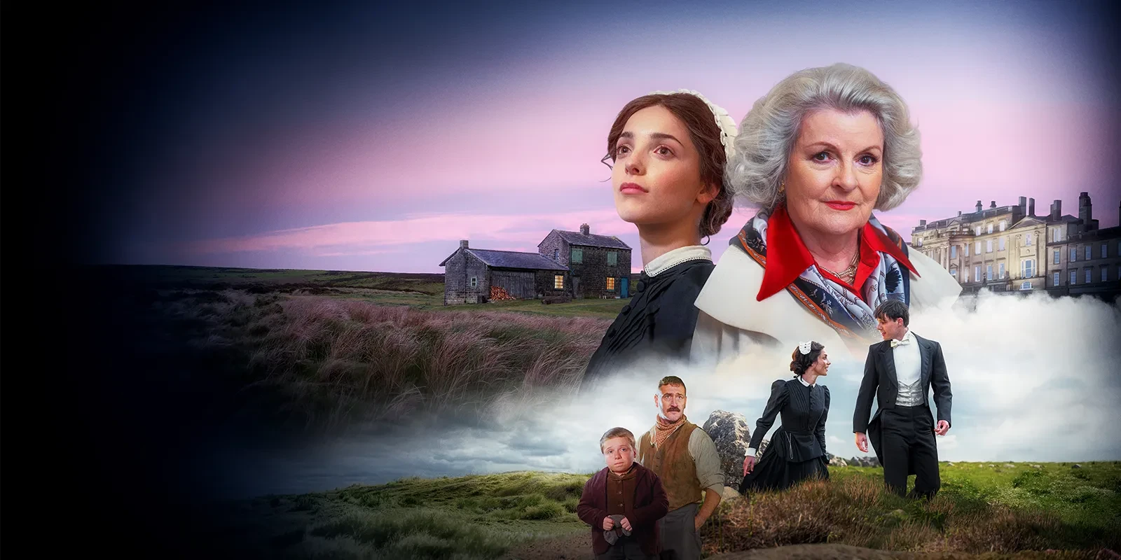 A stylized promotional scene showing several people in period clothing set against a dramatic landscape with grassy moors, old stone buildings, and a large grand house. The sky is tinted with pink and purple hues. 