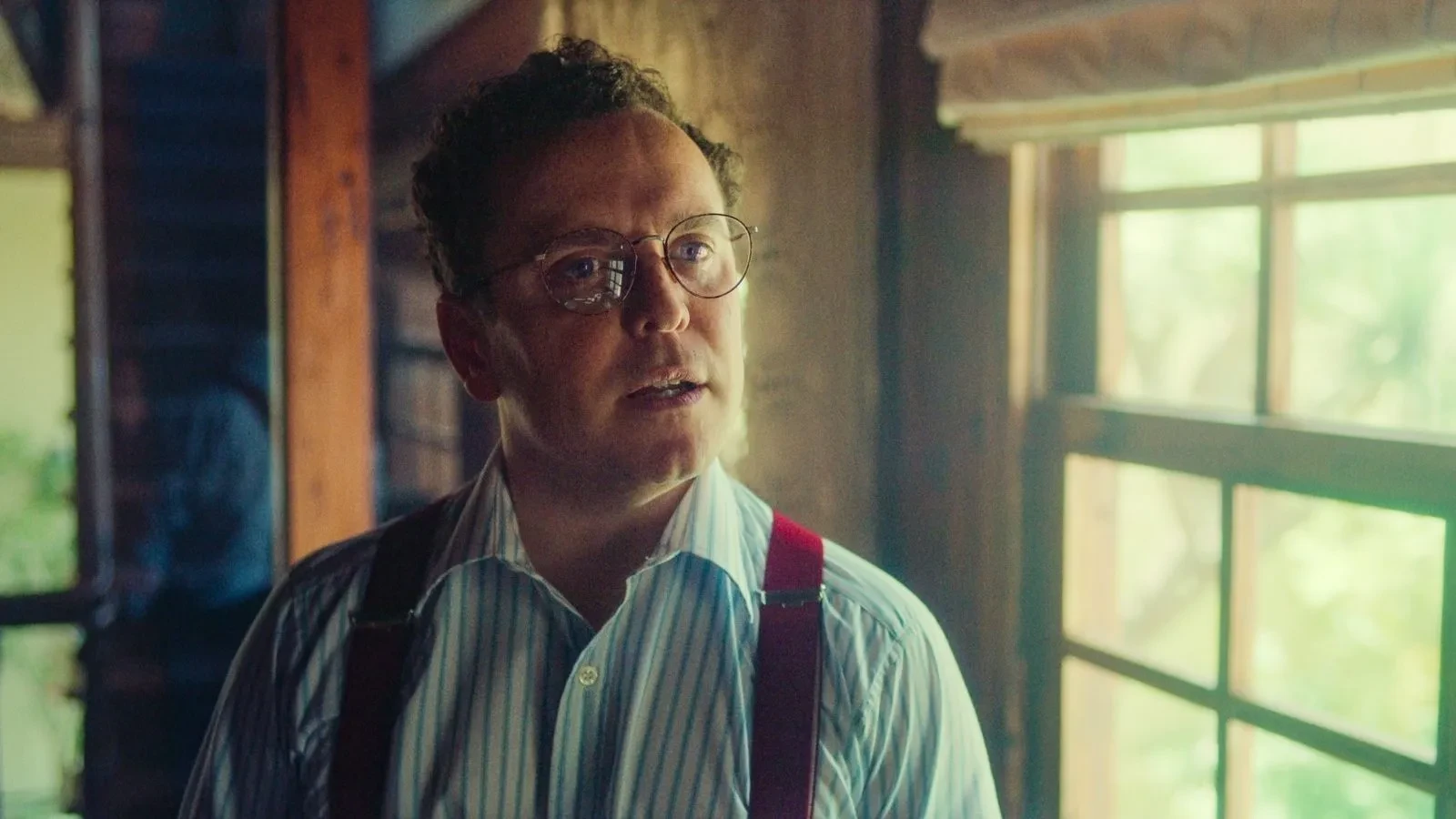 Person wearing a striped shirt with red suspenders standing inside a warmly lit wooden room, next to a large window with soft daylight coming through.