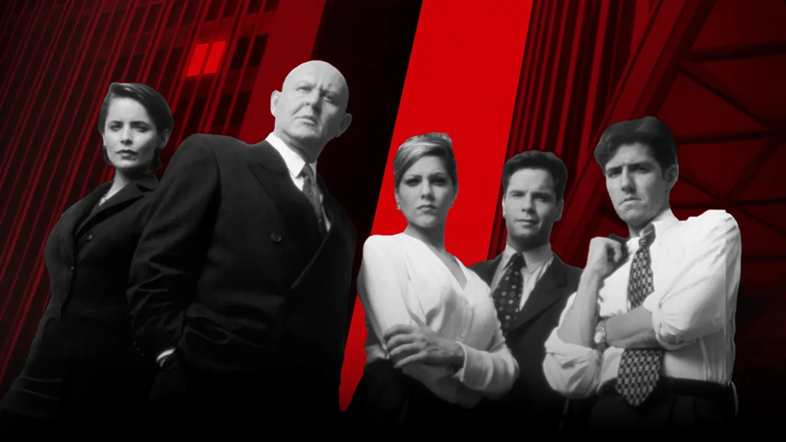 A group of five people dressed in formal business attire stand confidently against a dramatic red and black background featuring modern architectural lines. 