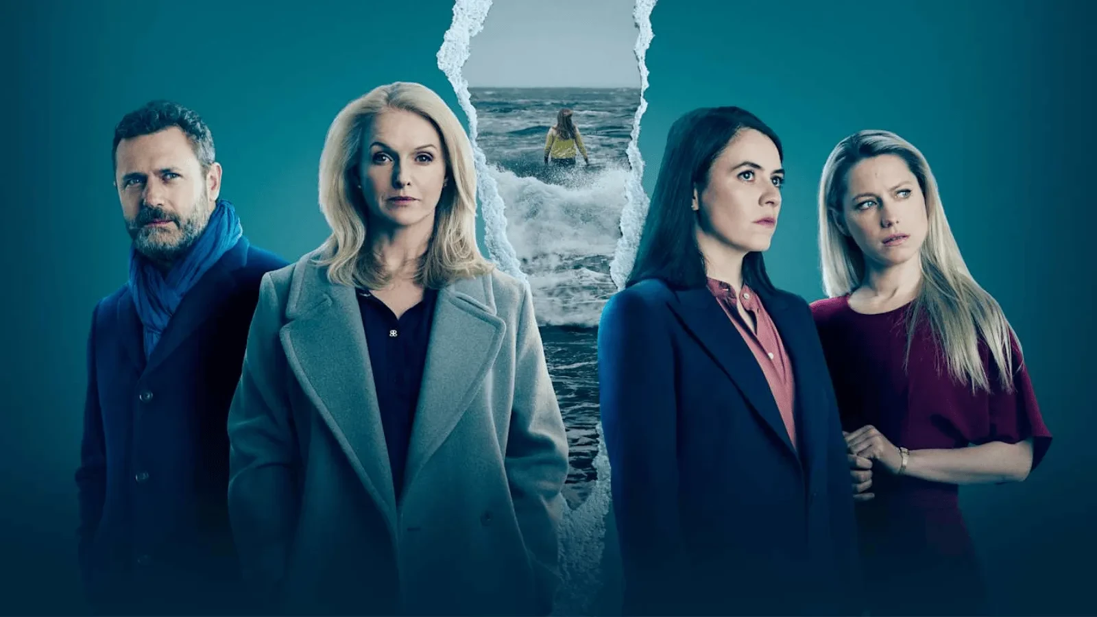 Four people standing against a teal background, with a large torn image revealing a person in a yellow coat walking into rough ocean waves. 