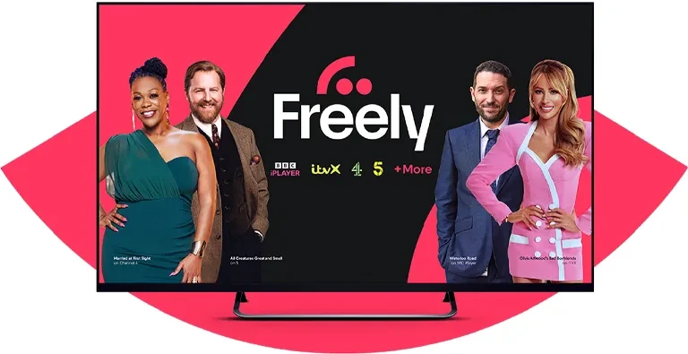 A television showing the Freely logo