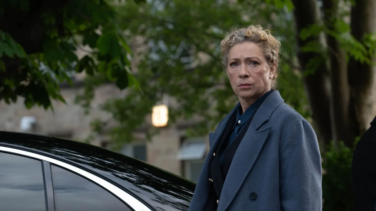 Senior intelligence figure standing beside a black car in a leafy city street, featured in the television drama Secret Service.