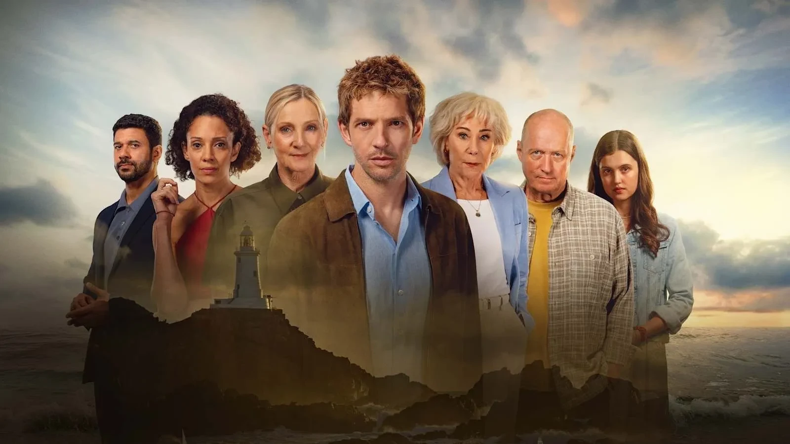 Promotional cast image for the TV drama Bergerac, featuring Jim Bergerac and supporting characters against a dramatic coastal lighthouse backdrop.