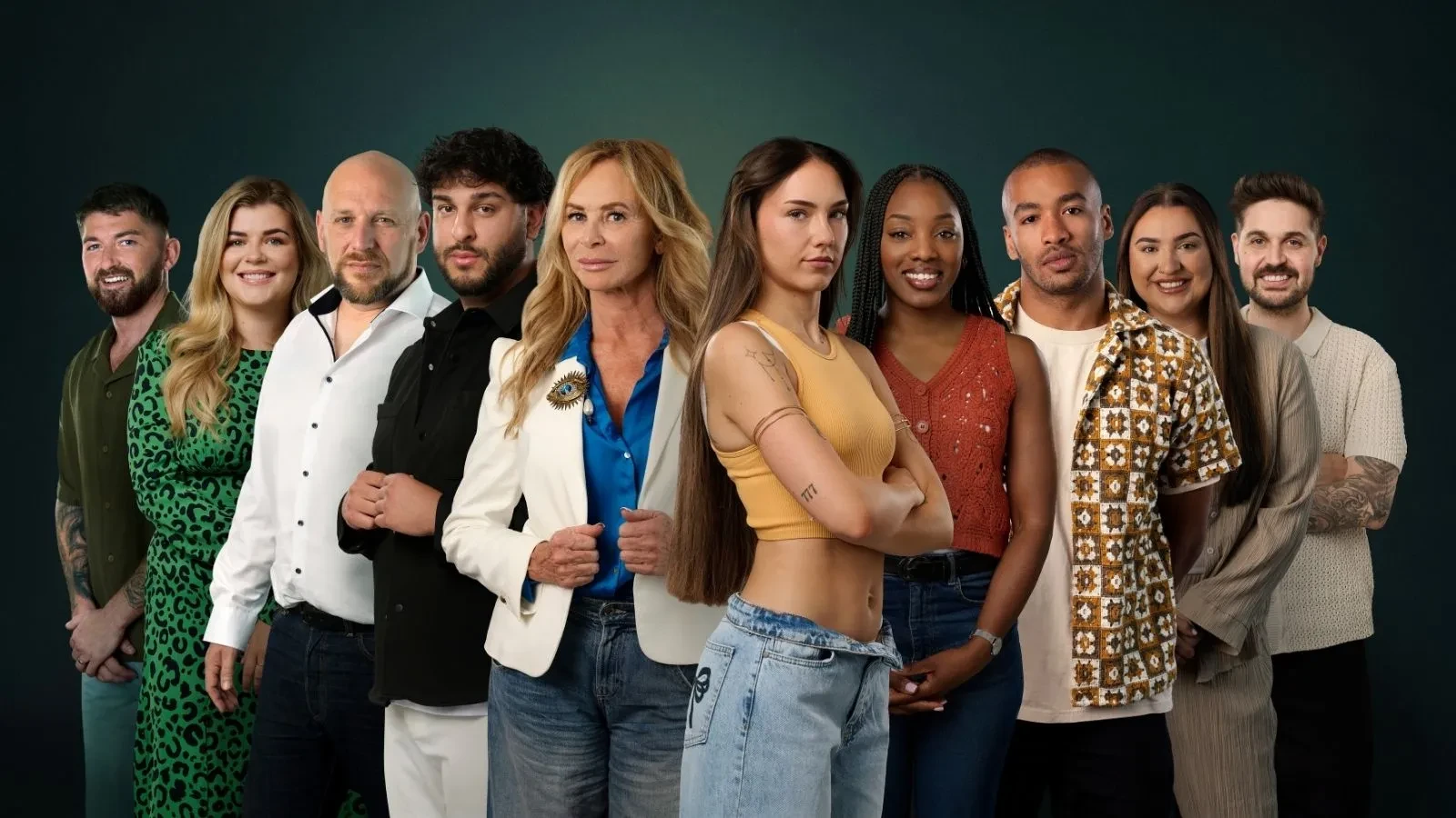 Contestants in Channel 4s reality game show The Hunt: Predator vs Prey stood against a dark background smiling at the camera