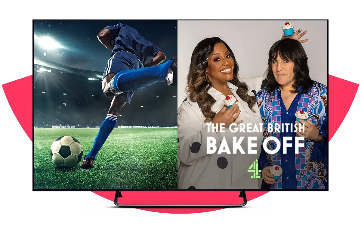 Freely TV shows promotional images of football and Great British Bake Off