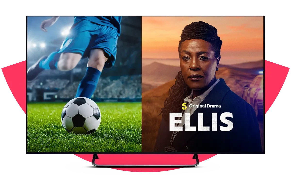 Image shows Freely TV showing football promo and promo for the TV show Ellis on 5
