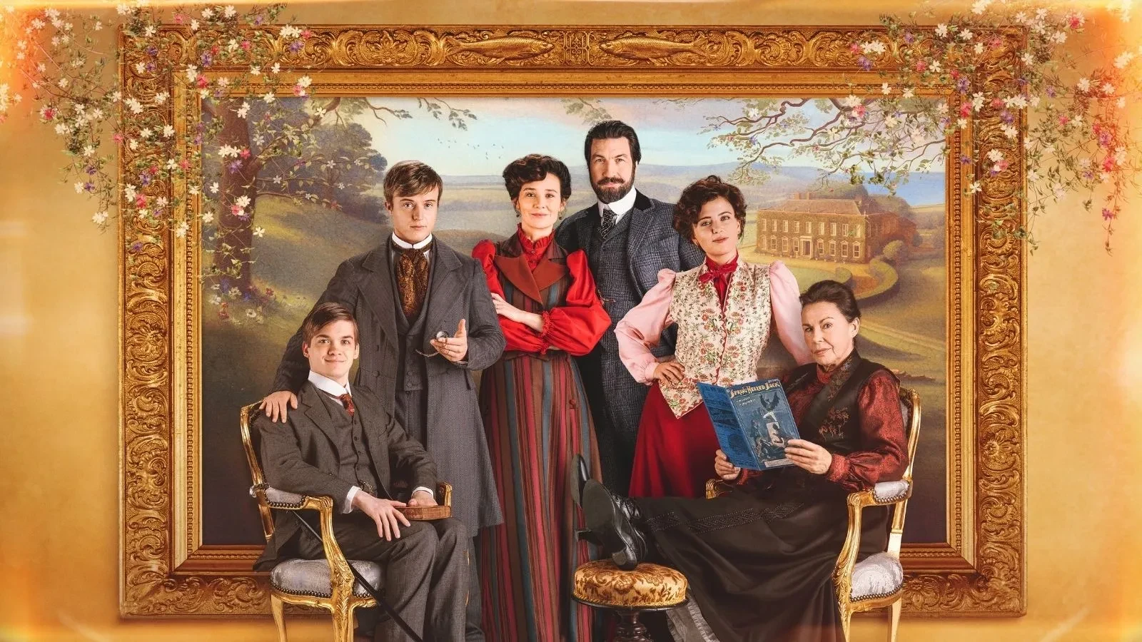 Period drama promotional image showing a large family group posed in Edwardian‑era clothing, framed like a classical painted portrait with a countryside estate in the background.