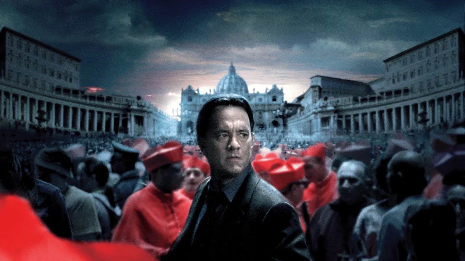 Tom Hanks as Roberrt Langdon in Angel's and Demons staring into the camera at the Vatican city