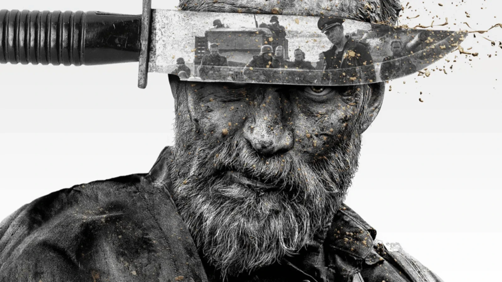 A man with a big beard in black and white with a knife pinned to his head for the film Sisu