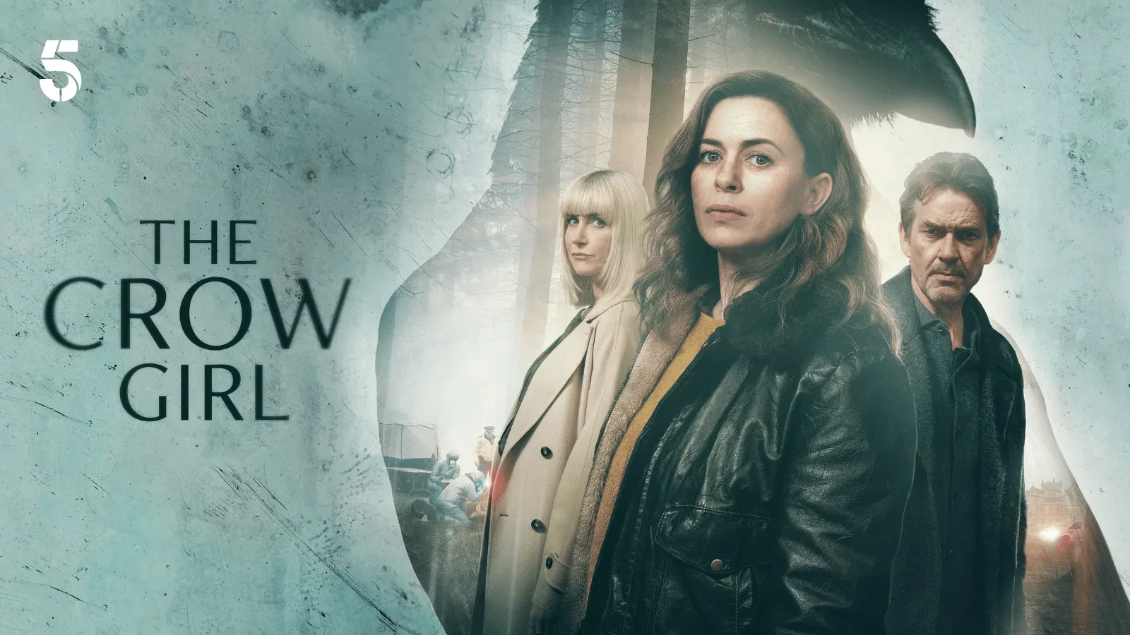 The Crow Girl promotional image showing three key characters against a dark forest backdrop, highlighting the Nordic crime drama's mystery and psychological suspense themes.