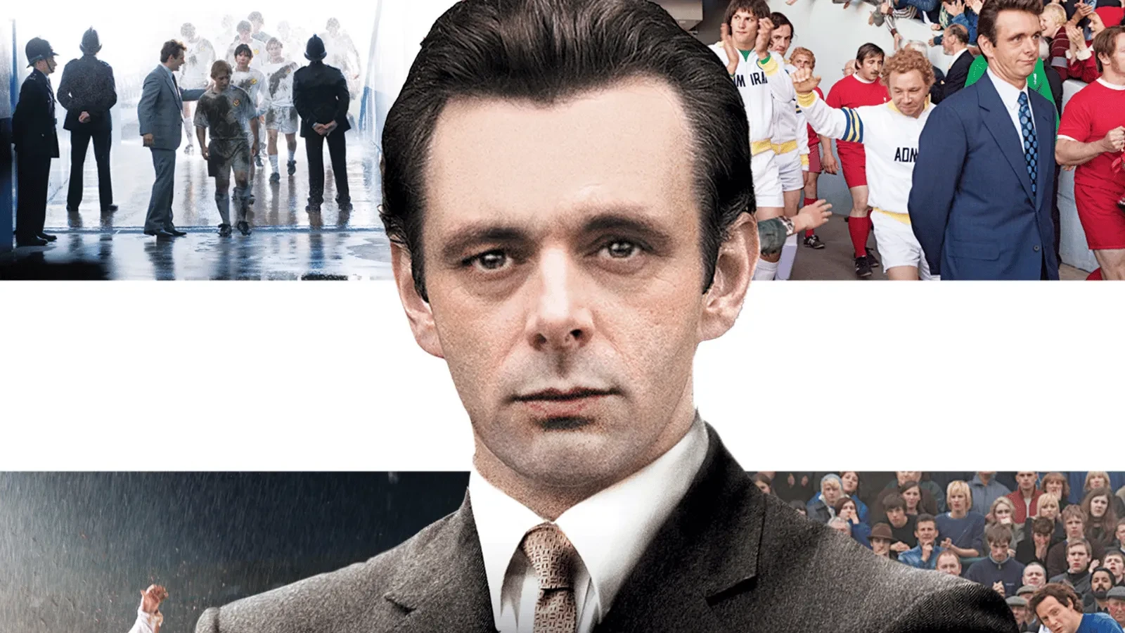 Michale SHeen as Brian Clough in the 2009 filmed The Damned United wearing a suit staring into the camera with clips from football scenes behind him