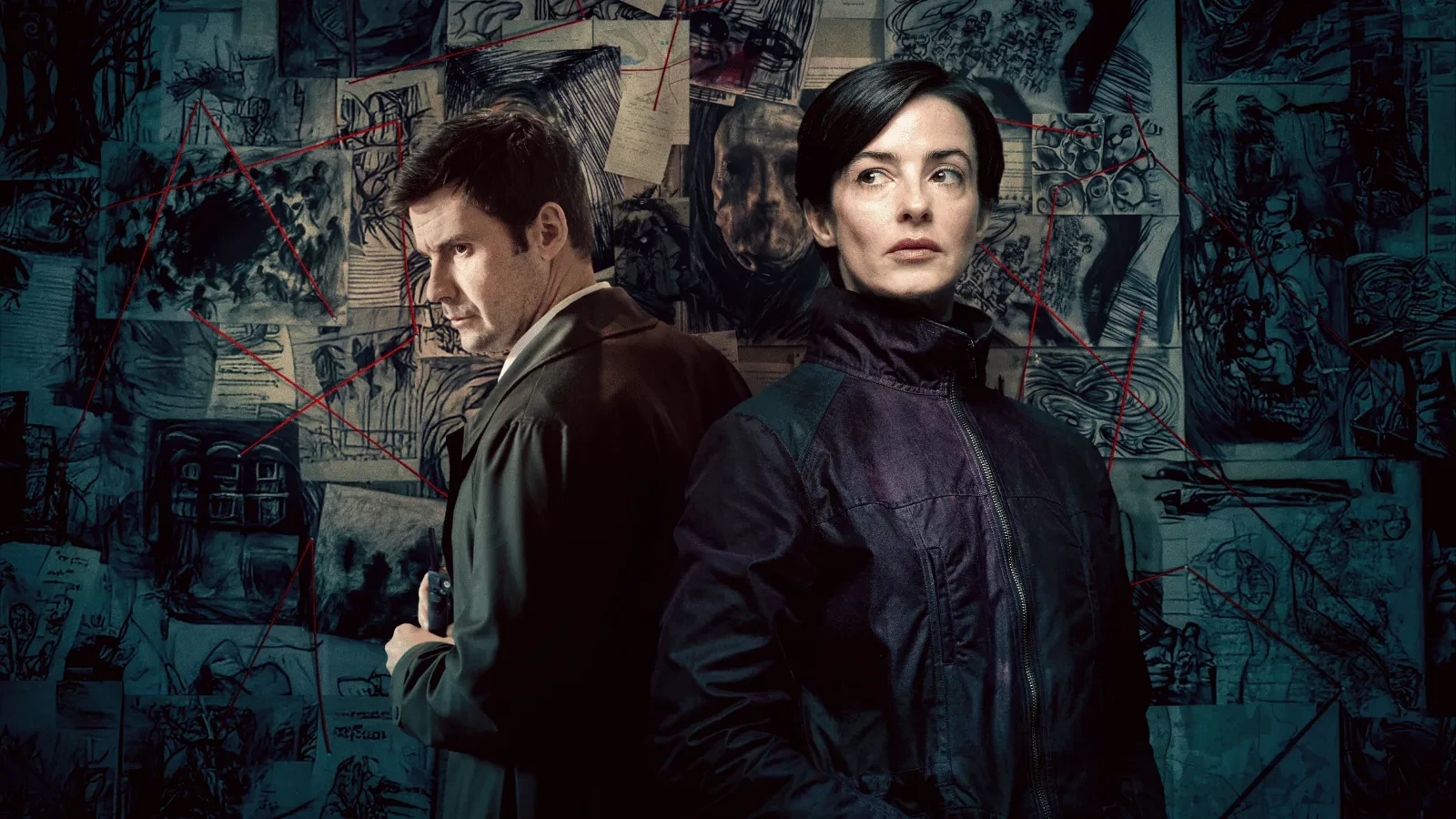 The Dark crime drama scene featuring an investigator walking through a remote hillside crime scene marked with police tape in a misty rural landscape.