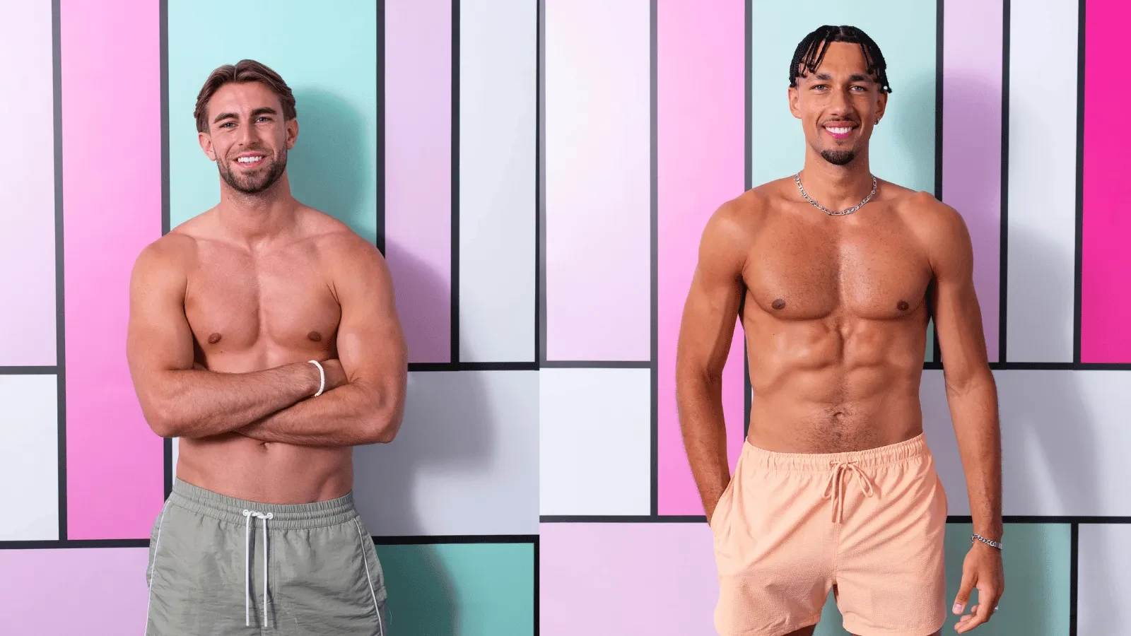 Two shirtless men in swim shorts smile at the camera against a pastel geometric backdrop, posing confidently in a studio-style promotional portrait. 