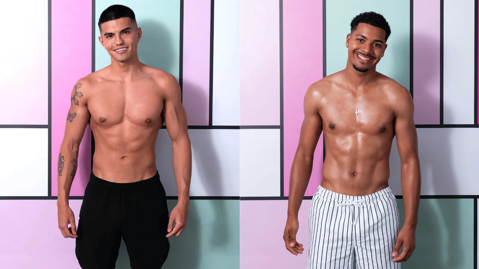 Two shirtless men in swim shorts smile at the camera against a pastel geometric backdrop, posing confidently in a studio-style promotional portrait. 