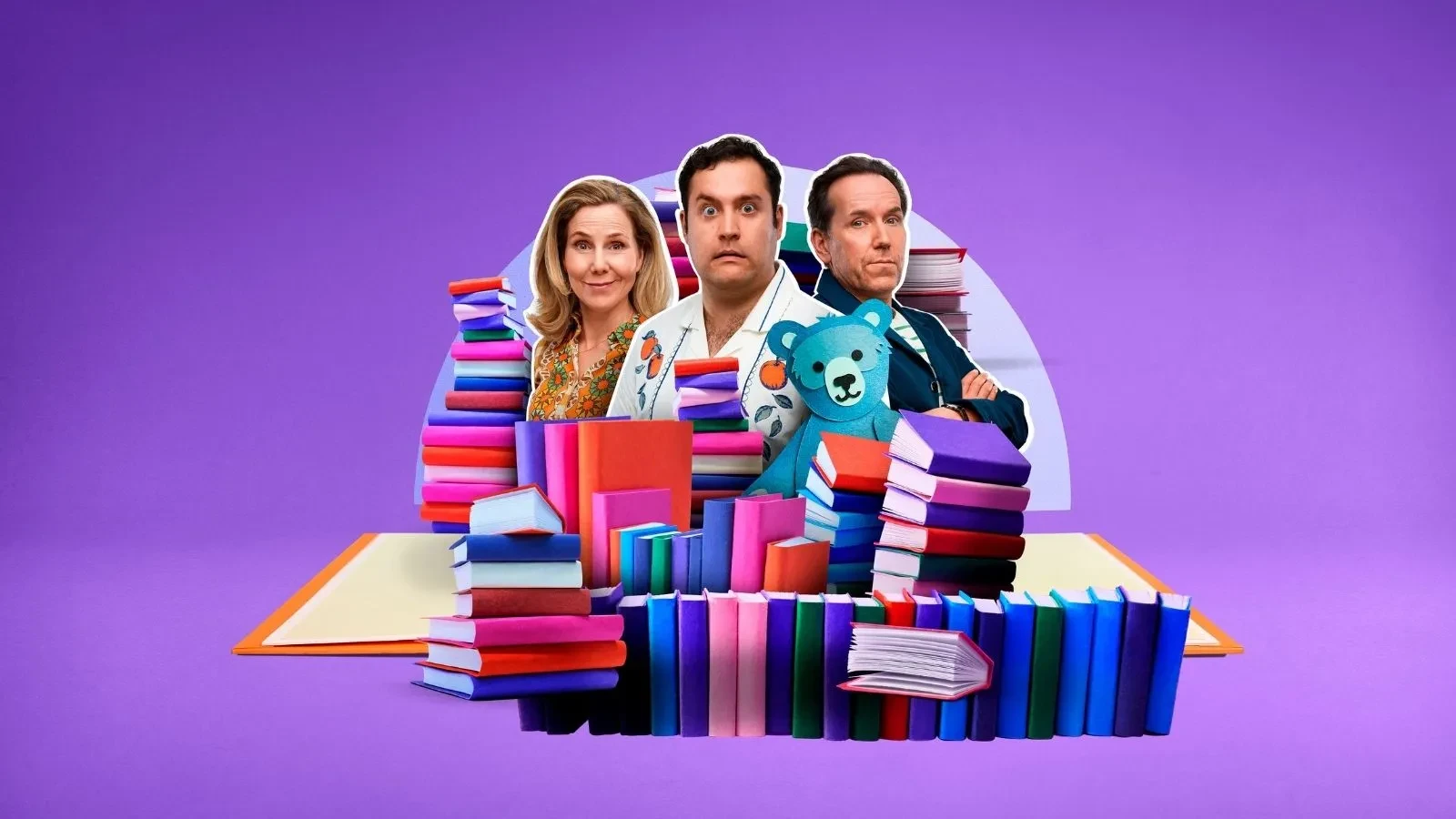 Austin TV show poster showing three central characters surrounded by colourful books and a teddy bear, reflecting family comedy, publishing and literary themes.