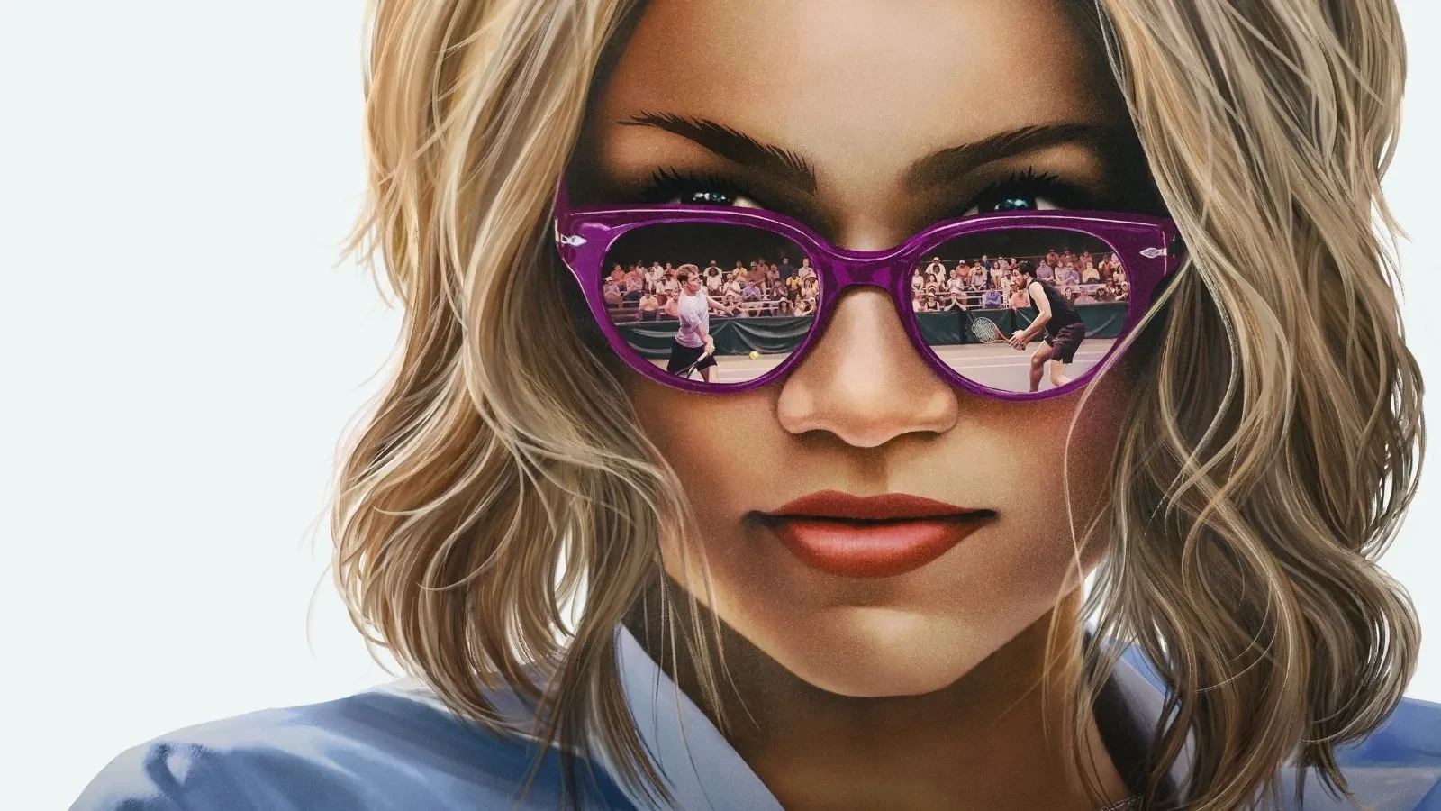 Stylised movie poster showing a person wearing purple sunglasses with a tennis match reflected in the lenses, highlighting competitive sports drama and high-stakes tennis action.