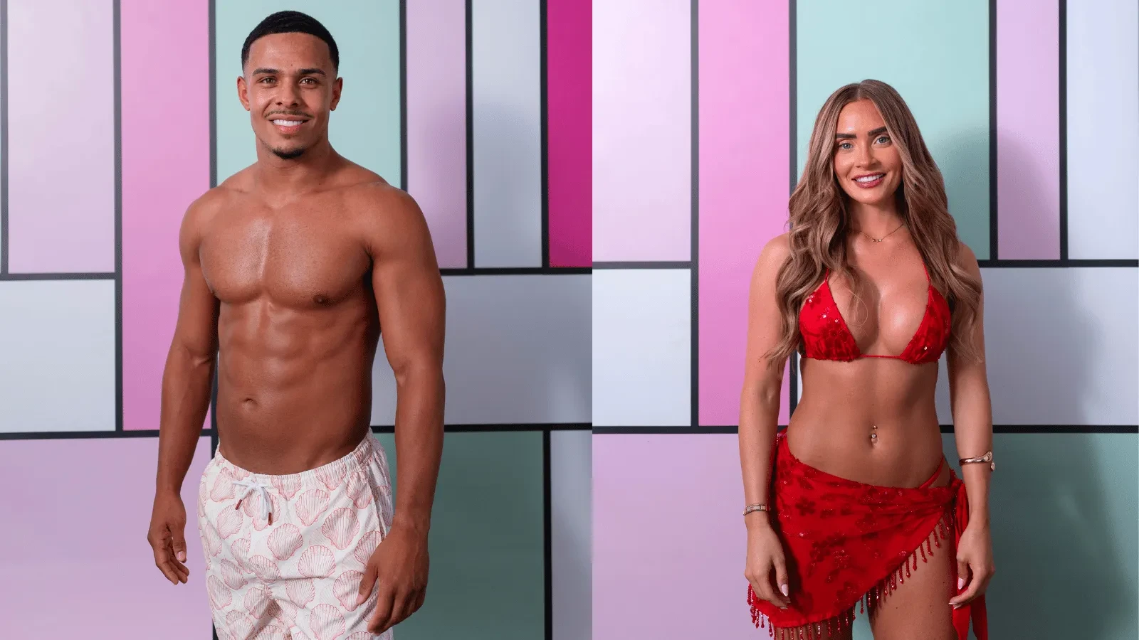 Ethan Ellis and Elicia Bailey against the Love Island colourful backdrop