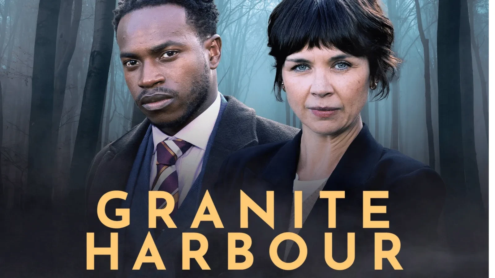 Promotional image for Granite Harbour featuring two detectives in the foreground against a misty forest backdrop, highlighting the Scottish crime drama's mystery and investigation themes.