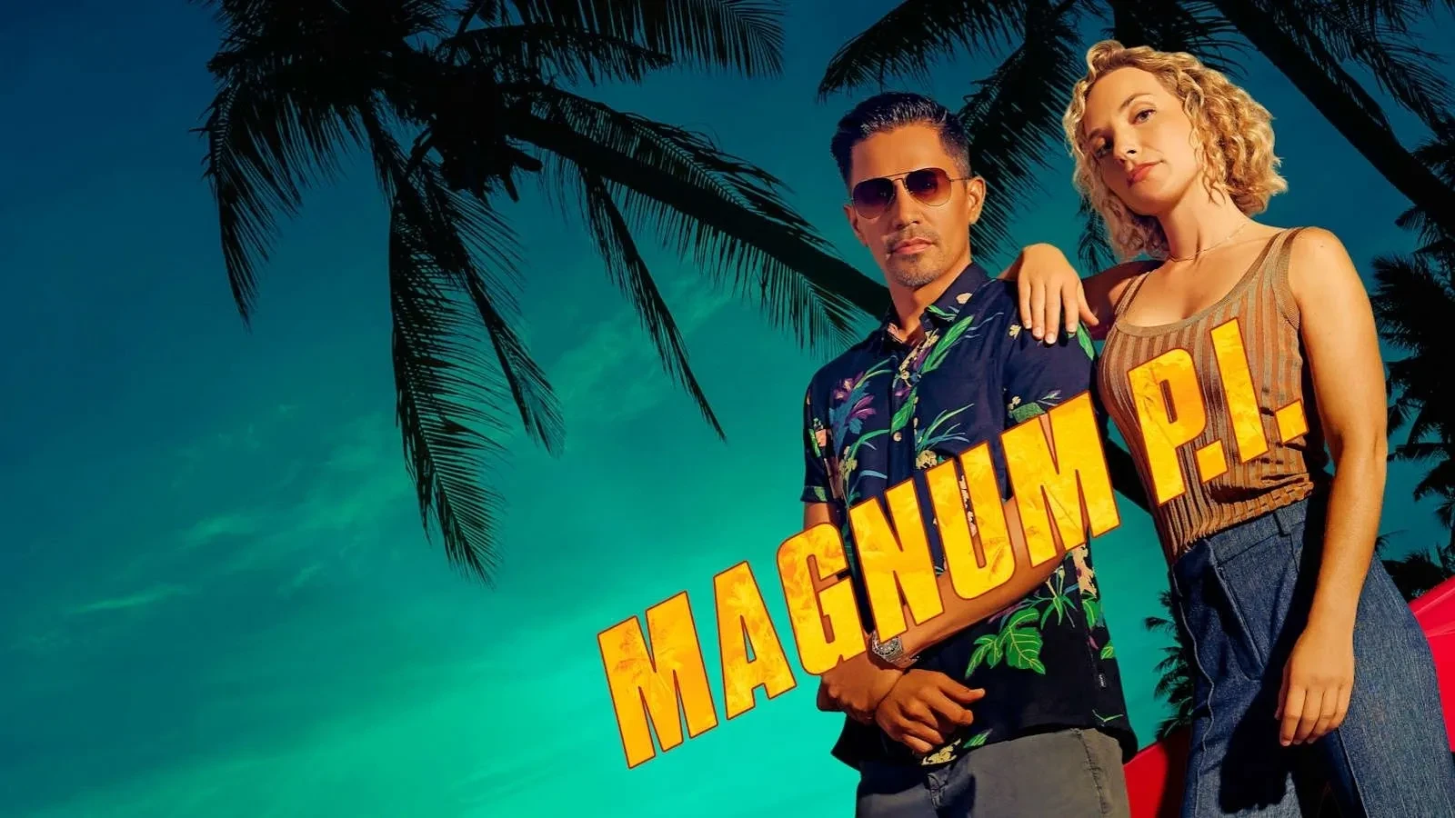 Magnum P.I. TV series poster showing two lead characters in a Hawaiian setting with palm trees, highlighting private investigator action, mystery and crime drama themes.