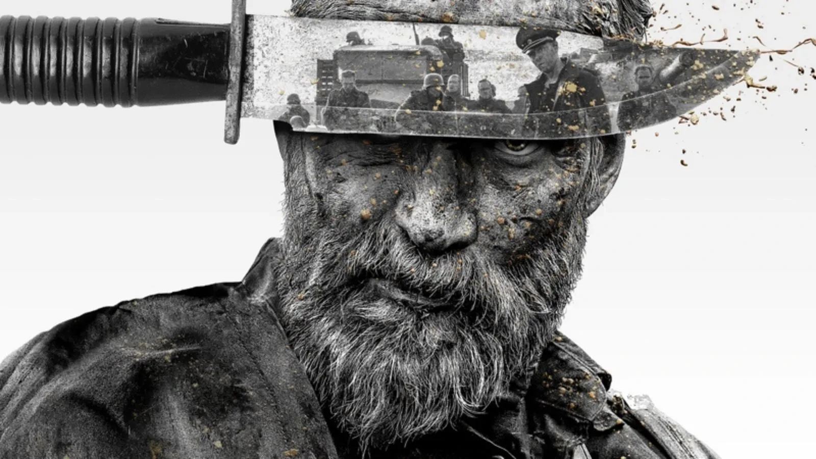 Close-up movie poster of a rugged bearded prospector with a combat knife across the face, featuring wartime battle imagery reflected in the blade and a gritty survival theme.
