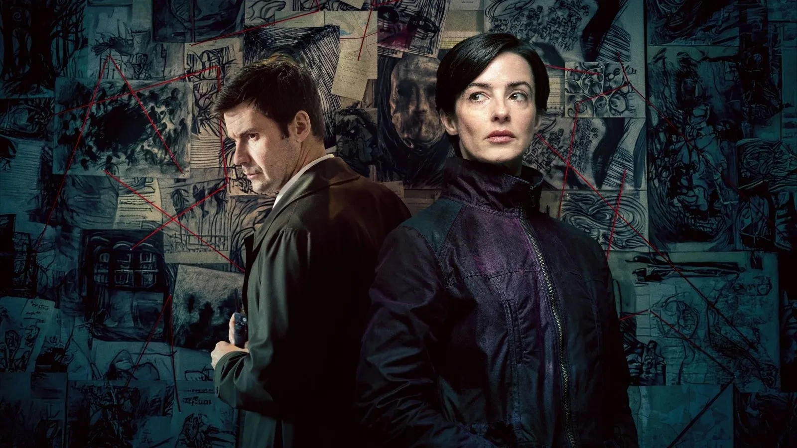 The Dark TV series poster showing investigators examining a conspiracy board filled with clues, sketches and red string connections in a dark crime thriller setting.
