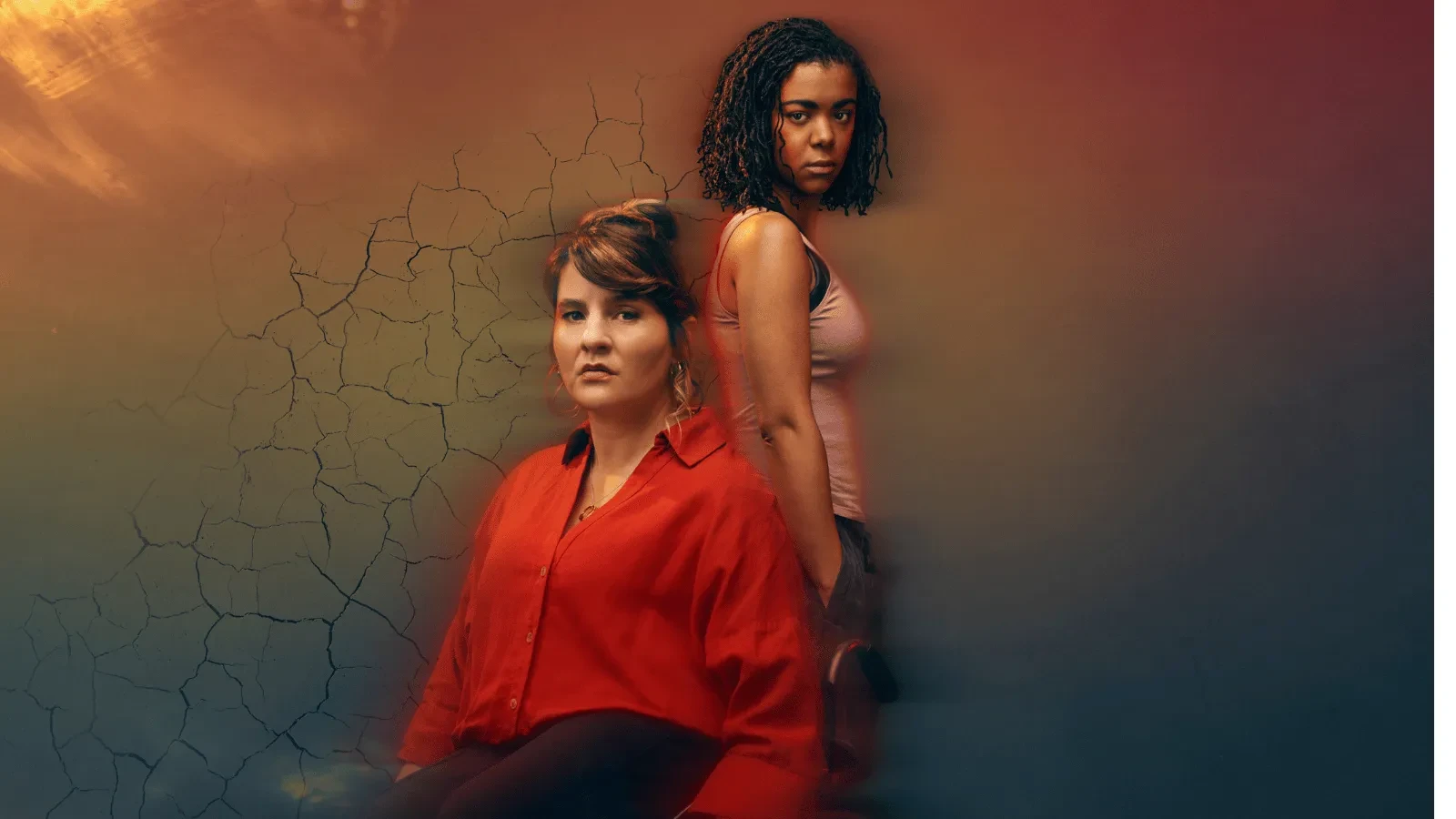 Promotional artwork for The Rapture featuring two central characters against a cracked wall background with warm orange tones, highlighting themes of family, resilience and contemporary drama.